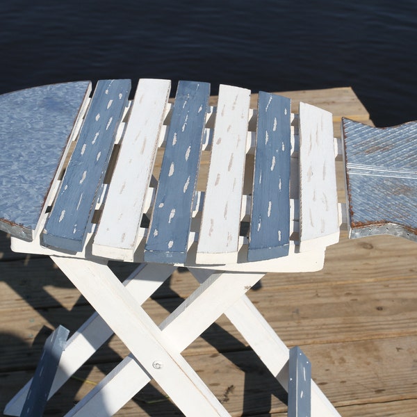 Weathered Look Two Toned Folding Fish Table, Beach Living Decor Free Ship