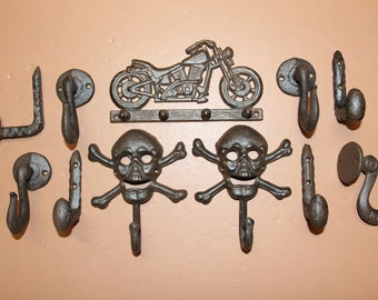 MOTORCYCLE MANIA COLLECTION / Wall Hooks / Skulls  / Motorcycle / Chian Hook / Railroad Spikes / Man Cave Decor / Woodworkers  Craft Supply