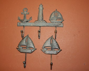 3) Sailboat wall hook set, sailing wall decor, Sea View, bronze-look cast iron, anchor lighthouse sailboat, free shipping