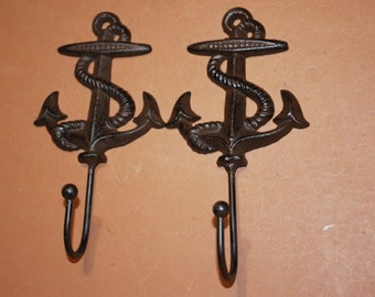 Rustic Sailor Anchor Wall Hooks, Rustic Brown Cast Iron, 7 1/4", N-48