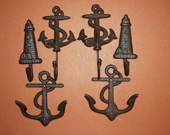 6) pcs, Maritime wall decor, sailor home decor, lighthouse anchor wall hooks, cast iron nautical wall hooks, sailor wall N-43,48,56