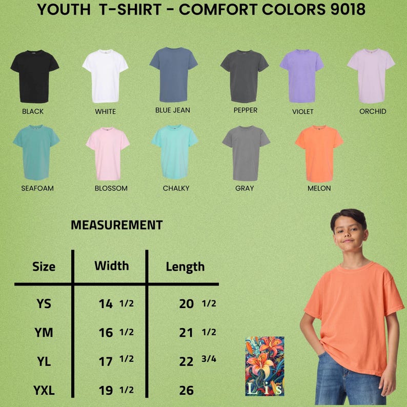 May include: A variety of youth t-shirts in various colors, including black, white, blue jean, pepper, violet, orchid, seafoam, blossom, chalky, gray, and melon. Measurements are provided for sizes YS, YM, YL, and YXL. The text "YOUTH T-SHIRT - COMFORT COLORS 9018" is at the top.
