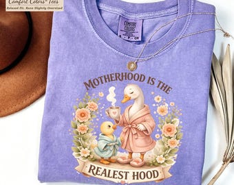 Motherhood is the Realest Hood Tee, Silly Mom Goose Comfort Colors Tee, Funny Mom Tee, Boho Retro Mama Shirt, Mothers Day Gift T-Shirt