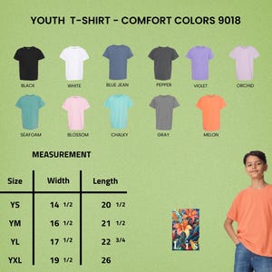 May include: A display of youth t-shirts in various colors, including black, white, blue jean, pepper, violet, and orchid. The image also shows size measurements in inches and a young person wearing an orange t-shirt.