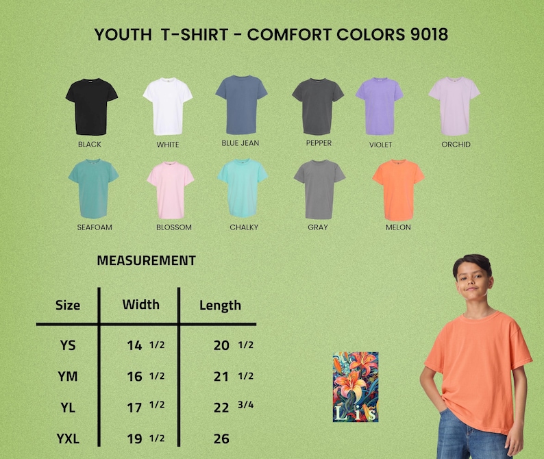 May include: A display of youth t-shirts in various colors, including black, white, blue jean, pepper, violet, and orchid. The image also shows size measurements in inches and a young person wearing an orange t-shirt.