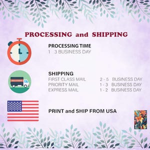 May include: A graphic with text about processing and shipping times. Includes a stopwatch, a delivery truck, and the American flag. The text states "Processing Time 1-3 Business Day" and "Print and Ship From USA."
