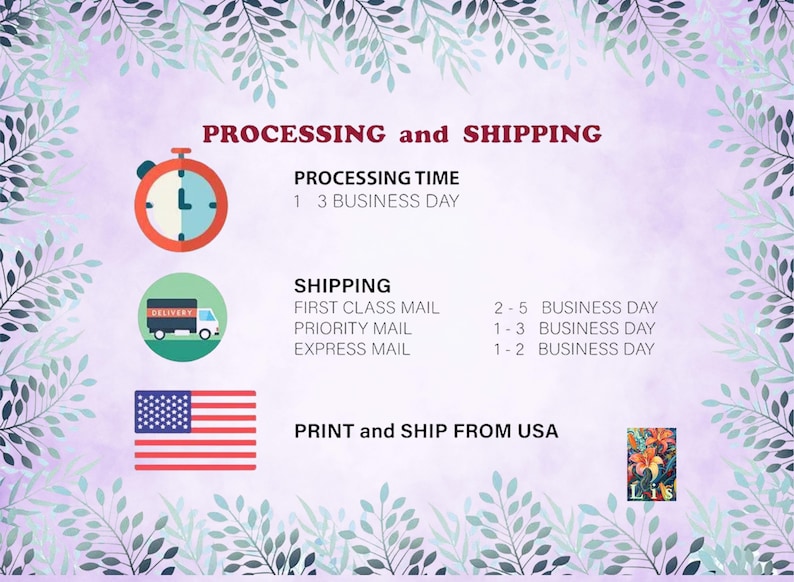 May include: A graphic with text about processing and shipping times. Includes a stopwatch, a delivery truck, and the American flag. The text states "Processing Time 1-3 Business Day" and "Print and Ship From USA."