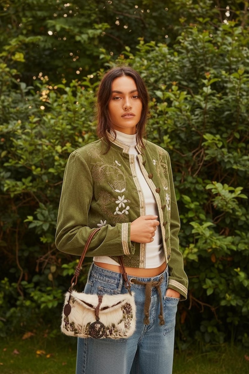 May include: Olive green jacket with floral embroidery and gold trim. The jacket is paired with a white turtleneck, blue jeans, and a small handbag with a brown leather strap and a patterned fur design.