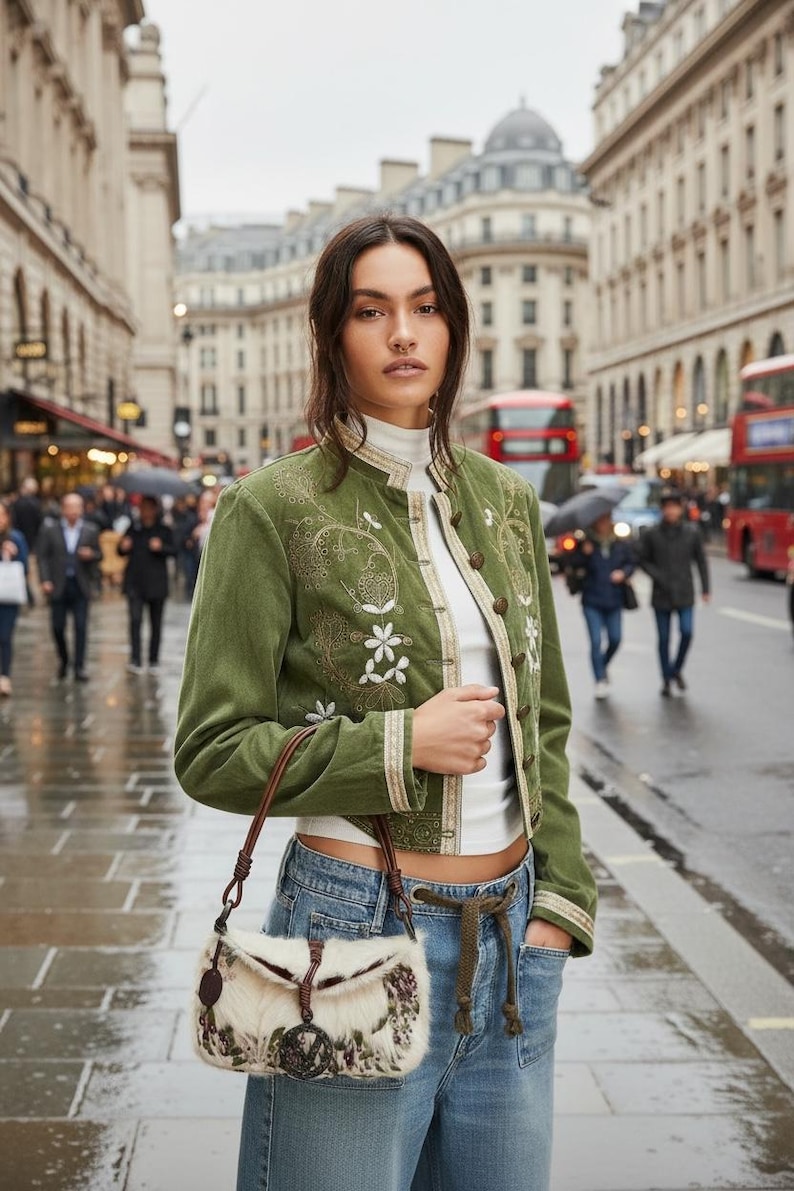 May include: A woman in a green jacket with floral embroidery and a small, patterned handbag stands on a city street. The jacket has a mandarin collar and button closures. She wears a white turtleneck and blue jeans. The background shows buildings and red double-decker buses.