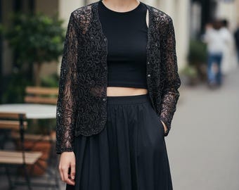 Black Sheer Lace Cardigan – 90s Embroidered Mesh Jacket – Elegant Evening Layer – Scalloped Lace Top - Vintage