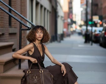 Vintage DKNY Y2K Bag Chocolate Brown Taupe Jacquard Leather Logo