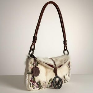 May include: Cream-colored handbag with a brown leather handle. The bag features a floral pattern with purple and green accents. A brown leather tag and a metal charm with a "V" are attached to the bag.