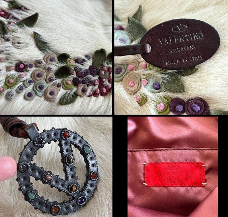May include: Close-up of a white fur-like textile with floral embroidery in shades of green, pink, and purple. A brown leather tag with "VALENTINO GARAVANI MADE IN ITALY" is visible. A silver pendant with colorful gemstones is also shown.