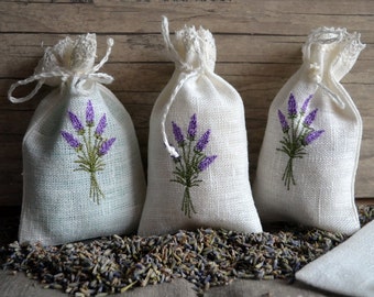 Bolsa de regalo de lino y lavanda con bordado de lavanda