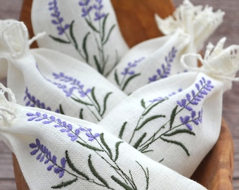 Set mit 5 Lavendel Stickerei Leinen Kordel Beutel Beutel Geschenkbeutel in Creme Warm Weiß