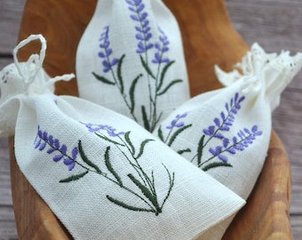 Set mit 3 Taschen Lavendel Stickerei Leinen Kordelbeutel Beutel Geschenkbeutel in Creme Warm Weiß
