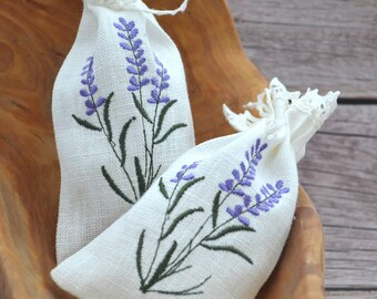 Set mit 2 Lavendel Stickerei Leinen Kordel Beutel Beutel Geschenkbeutel in Creme Warm Weiß