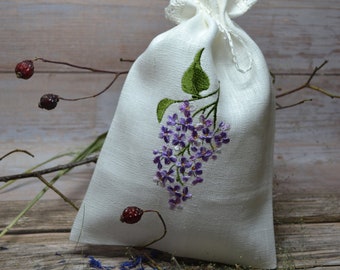Gray White Natural Linen Gift Herb Present Wedding Bag With Lilac Embroidery