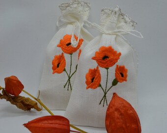 White Linen Lavender Bag With Californian Poppy Embroidery Gift Bag
