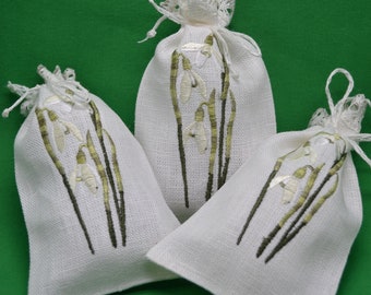 Linen Bag With Snowdrops Embroidery Gift Bag