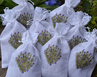 Ensemble de 8 sacs sacs de lavande en lin blanc avec sacs-cadeaux brodés de lavande