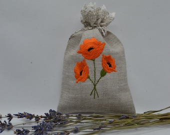 Linen Lavender Bag With Californian Poppy Embroidery Gift Bag