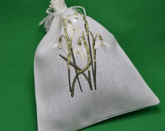 White Natural Linen Gift Herb Present Wedding Bag With Snowdrops Embroidery