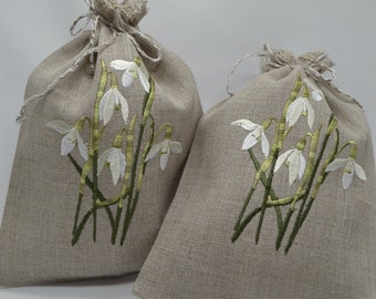 Gray Natural Linen Gift Herb Present Wedding Bag With Snowdrops Embroidery