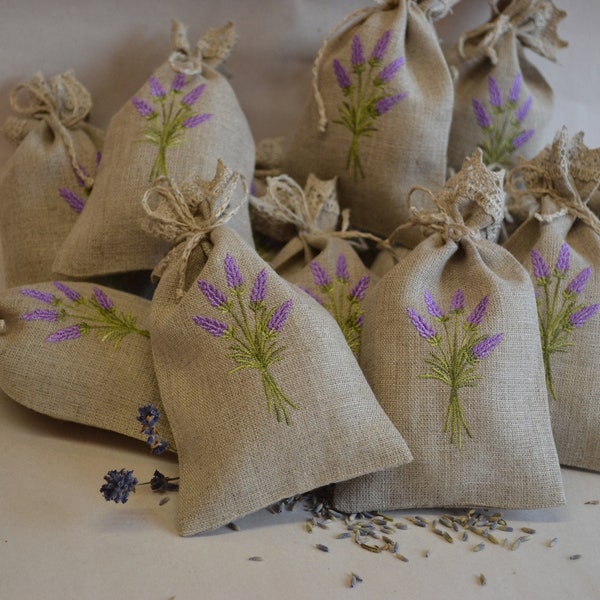 Gray Grey Linen Lavender Bag With Lavender Embroidery Gift Bag