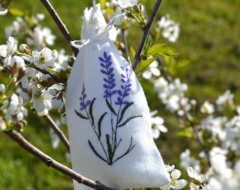 Lavender Embroidery Linen Drawstring Pouch Sachet Gift Bag in Cream Warm White
