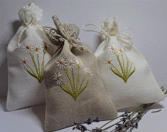 Linen Bags With Daisy Lavender Embroidery Gift Bag