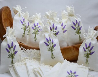 Set of 6 Linen Lavender Bag With Embroidery For Gift Presents Filled With Seeds