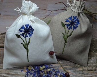 Gray White Natural Linen Gift Herb Present Wedding Bag With Cornflower Embroidery