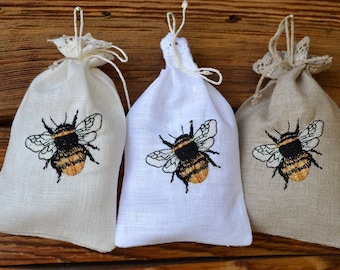 Linen Bag With Honey Bee Embroidery Gift Bag