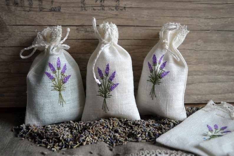 Linen Lavender Bag With Lavender Embroidery Gift Bag image 1