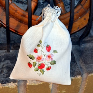 White Gray Beige Natural Linen Gift Herb Present Wedding Bag With Strawberry Embroidery image 3
