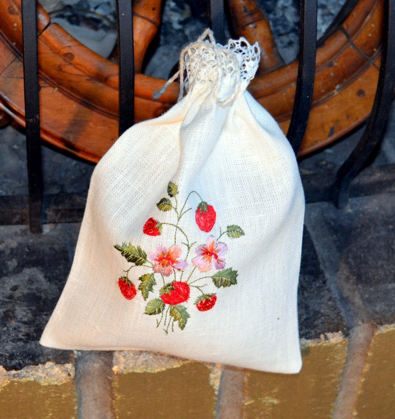 White Gray Beige Natural Linen Gift Herb Present Wedding Bag With Strawberry Embroidery image 3