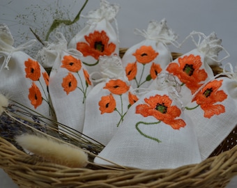 Set of 10 White Linen Lavender Bags With Californian Poppy Embroidery Gift Bag