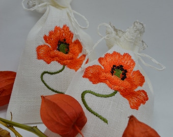 White Linen Lavender Bag With Californian Poppy Embroidery Gift Bag