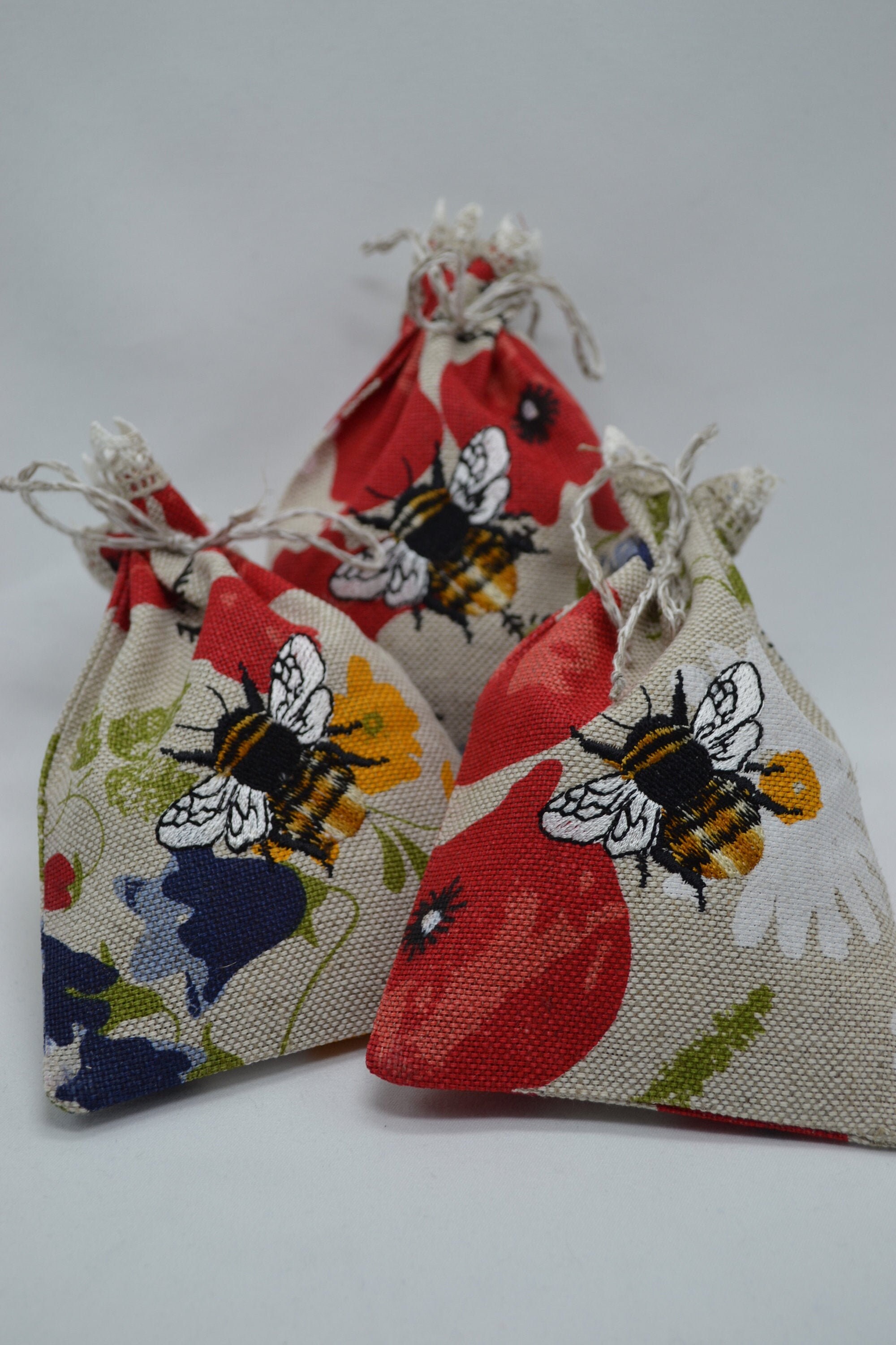 Linen Bags With Honey Bee Embroidery and Pooppy Field flower Print Gift Bags
