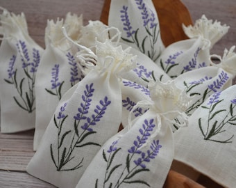 Set mit 10 Beutel Lavendel Stickerei Leinen Kordel Beutel Beutel Geschenkbeutel in Creme Warm Weiß
