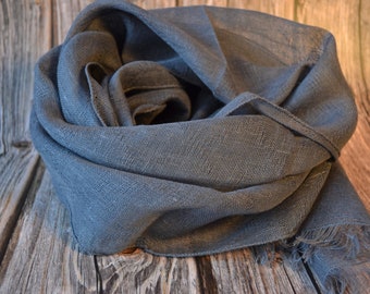 Long Dark Gray Natural Color Scarf, linen scarf for woman, linen scarf for men