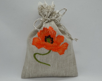 Linen Lavender Bag With Californian Poppy Embroidery Gift Bag