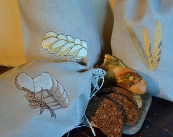 Gray Natural Linen Bread Loaf Baguette Bag With Embroidery