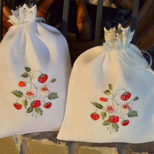 White Gray Beige Natural Linen Gift Herb Present Wedding Bag With Strawberry Embroidery image 2