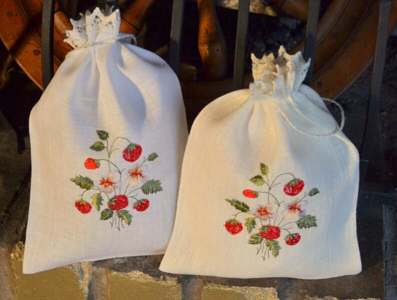 White Gray Beige Natural Linen Gift Herb Present Wedding Bag With Strawberry Embroidery image 2