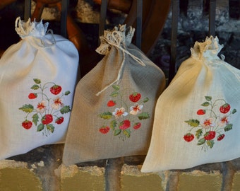 White Gray Beige Natural Linen Gift Herb Present Wedding Bag With Strawberry Embroidery