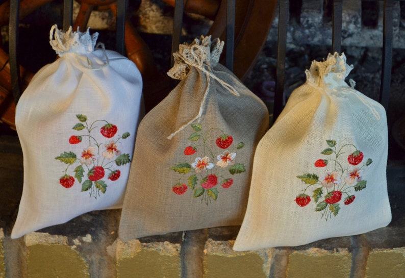 White Gray Beige Natural Linen Gift Herb Present Wedding Bag With Strawberry Embroidery image 1