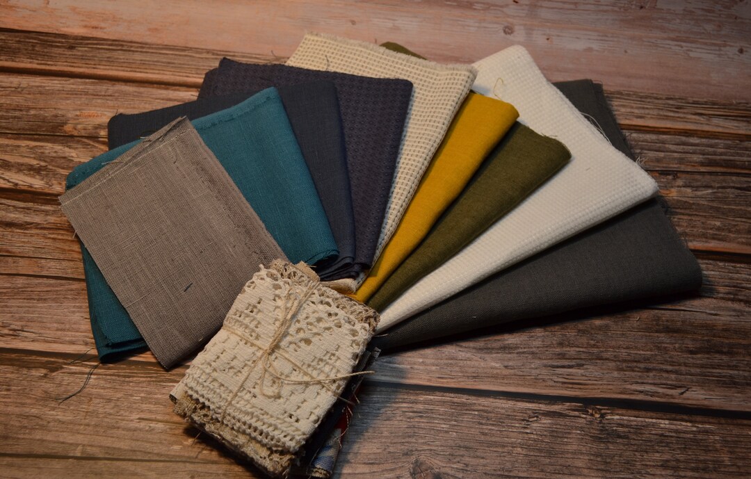 Linen Fabric Scraps Bundle With Lace, Colorful Linen Supply for Crafts