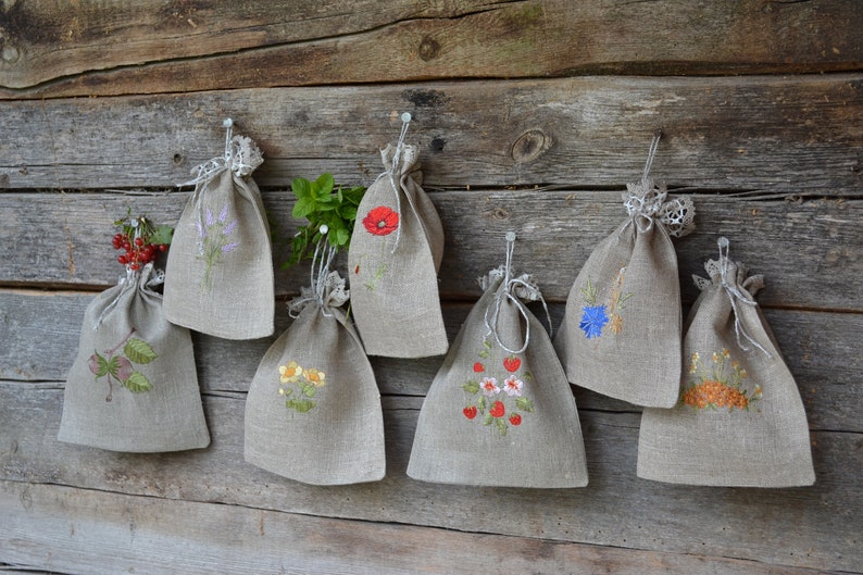 Linen Bags Set of 7 Natural Linen Bags With Embroidery for Etsy